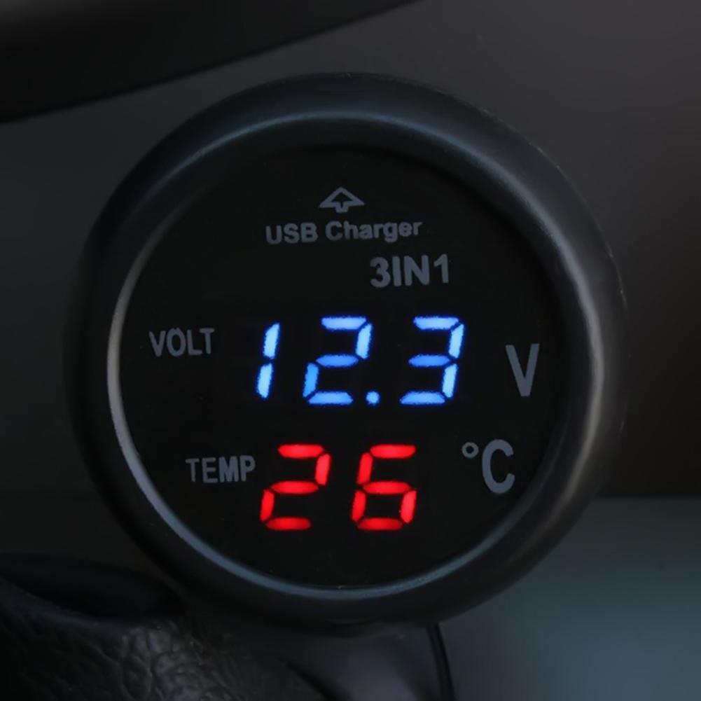 3 in 1 12/24V Car Volt Meter Digital LED Car Cigarette Lighter Voltmeter Thermometer Car USB Charger Current Meter Volt Detector