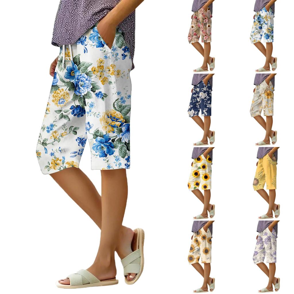 Женские летние свободные шорты из хлопка и льна с эластичным поясом и цветочным принтом