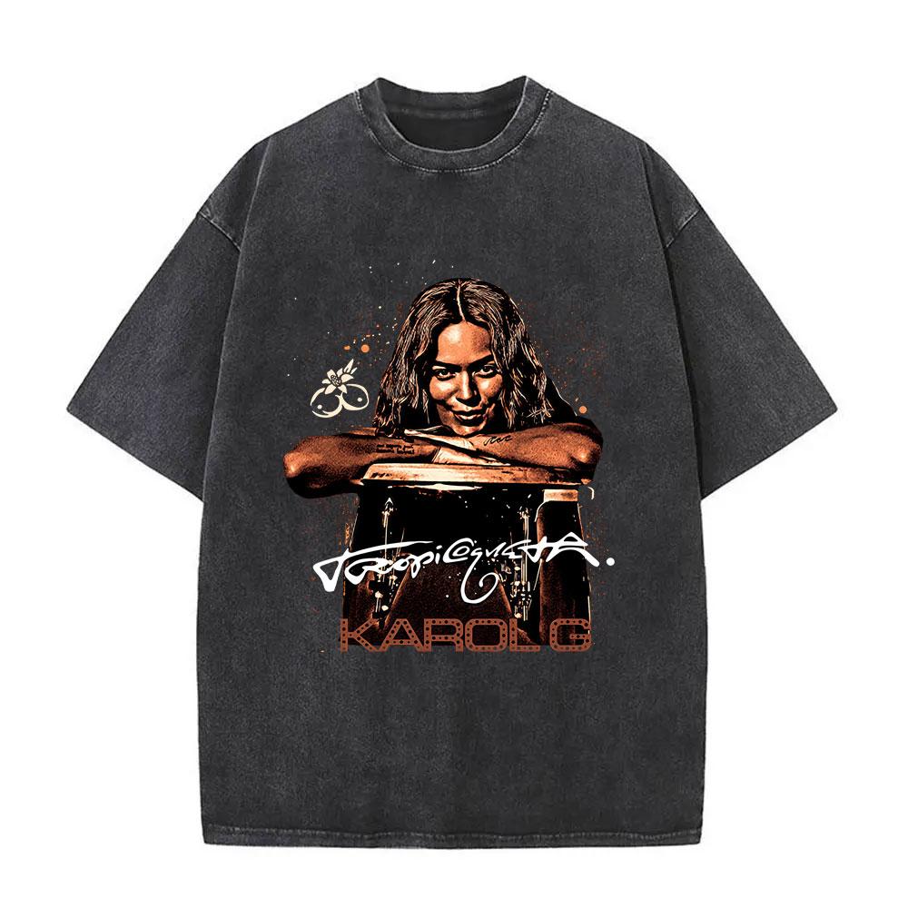 Singer Karol G Tropicoqueta Latina Foreva Album Merch Washed Tshirt Men Women Fashion Tshirt Tops Unisex Cotton T Shirts