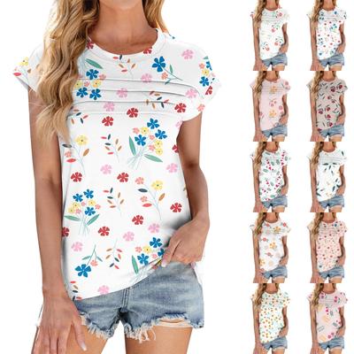 Женская модная повседневная футболка с коротким рукавом и цветочным принтом, с круглым вырезом и короткими рукавами