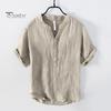Men Summer Shirt V Neck Stand Collar Short Sleeves Vinatge Solid Color Loose Simple Style Mid Length Pullover Office Daily Wear Top