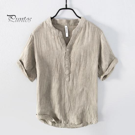 Men Summer Shirt V Neck Stand Collar Short Sleeves Vinatge Solid Color Loose Simple Style Mid Length Pullover Office Daily Wear Top