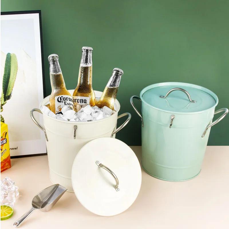 Table Vintage Iron Ice Bucket with Lid and Shovel Insulated Ice Bucket for Champagne Wine Beer Drinks Party Barware