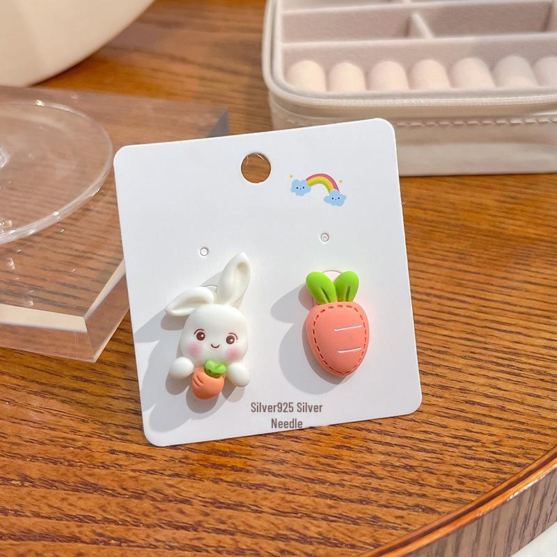Японские серьги в виде кролика, медведя и клубники в пастельных тонах с серебряными штифтами