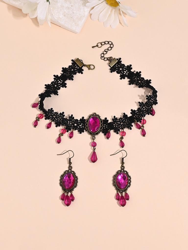 1 комплект серег-подвесок с кисточками из страз в темном готическом стиле и ожерелье, винтажные богемные кружевные серьги-подвески на цепочке