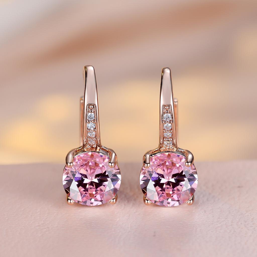 1 Pair Rose Golden Color Round Cut White Blue Red Green Stone Drop Earrings Fashion Women Wedding Jewelry Luxury Accessories