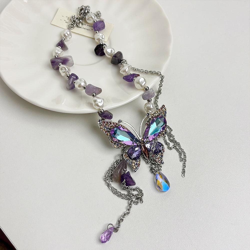 Регулируемое ожерелье-бабочка со стразами, преувеличенное женское колье-чокер с жемчугом и кристаллами для девочек