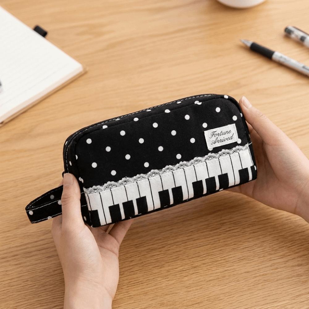 With Handle Polka Dot Pencil Pouch Large Capacity Pen Bag Kawaii Piano Pencil Case School Bag