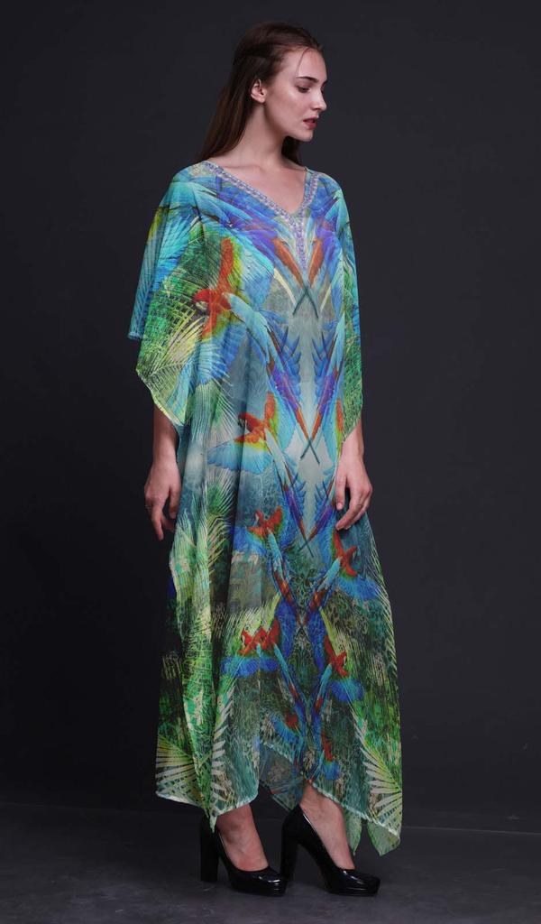 Phagun Branch & Colorful Parrot Bird Long Caftan Maxi Dress Beach Swimwear Cover Up Womens