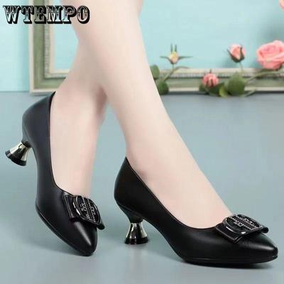 Черные туфли на высоком каблуке на низком каблуке. Пряжка-бабочка. Острый нос. Женская рабочая обувь без шнуровки. Мягкая кожа. Повседневная простая обувь.