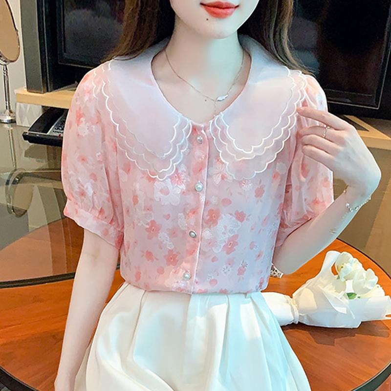 Модная новинка на лето с коротким рукавом и воротником-стойкой, повседневная шифоновая блузка с принтом, женская рубашка, топы J380