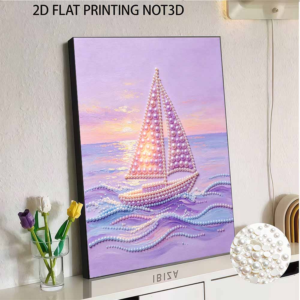 Безрамная жемчужная картина DIY-набор Закат Парусник в море 3D Искрящийся бисерный холст Расслабляющее творческое рукоделие для любителей искусства