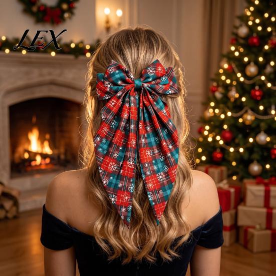 Christmas Photo Prop Hair Bows Large Bow for Women Girls, Decorative Clip with Classic Holiday Accessories Prints, Elegant Long Tail Barrettes Festive