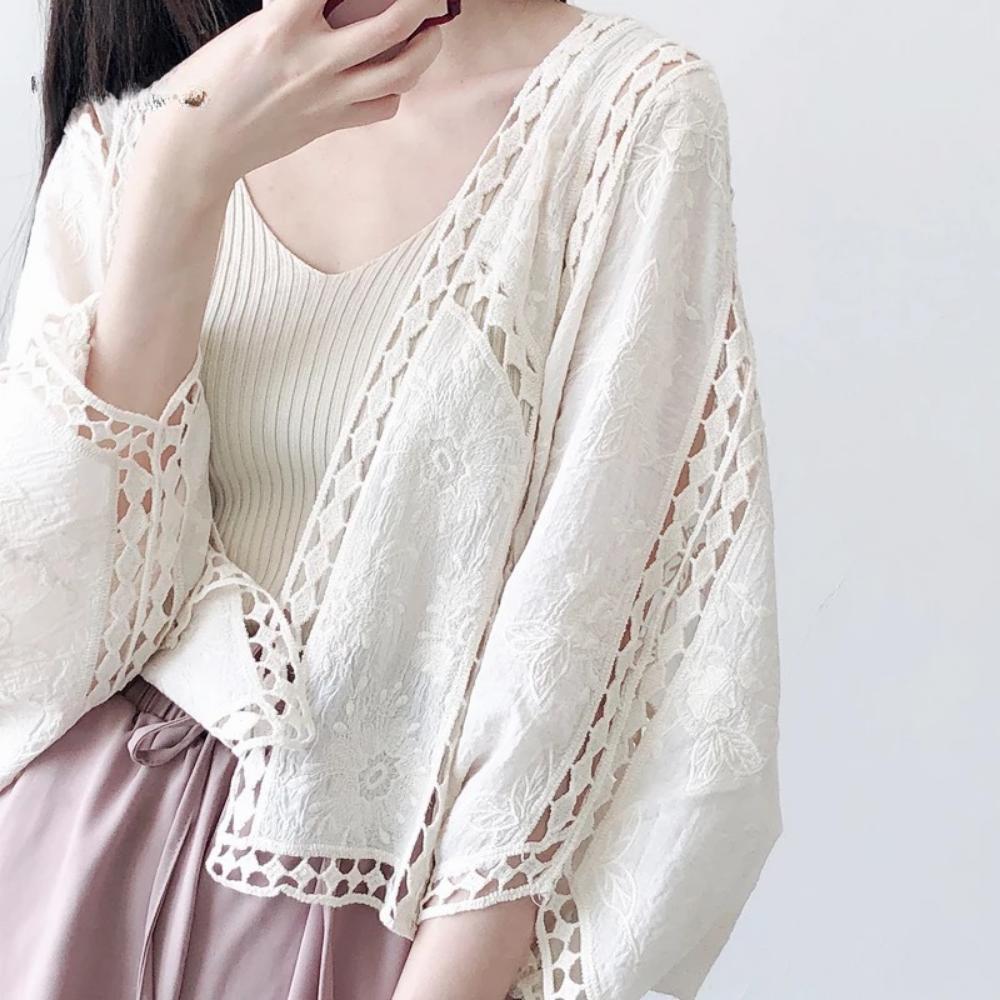 Loose Fit Cotton Embroidery Lace Cardigan Short Bat Sleeve Shawl 7 Split Sleeve Air Conditioner Sunscreen Cover Female Spring and Summer Clothes