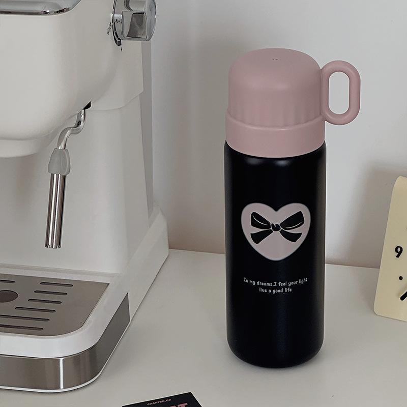Girls Heart Student Vacuum Stainless Steel Thermos Cup Girls Bow Outdoor Thermos Cup Double Drinking Straw Water Cup