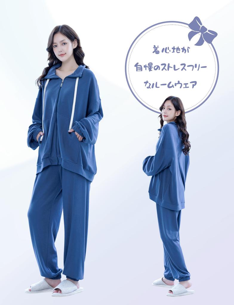 Room Wear Pajamas Loungewear Warm Top and Bottom Set Long Sleeve Warm Cute New Material Blue [MiniZaru] Women's Autumn/Winter (526 L)
