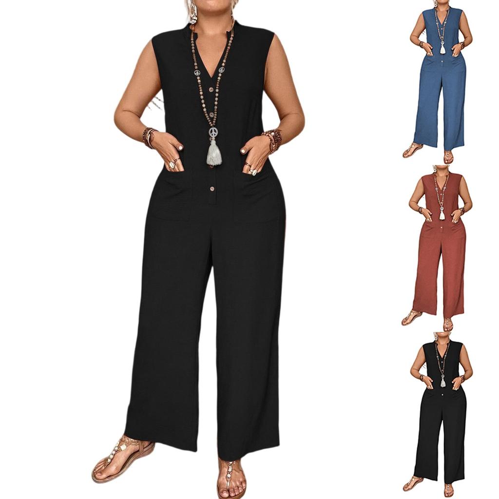 Женский летний повседневный модный комбинезон большого размера однотонной расцветки без рукавов, свободный и удобный, с широкими штанинами
