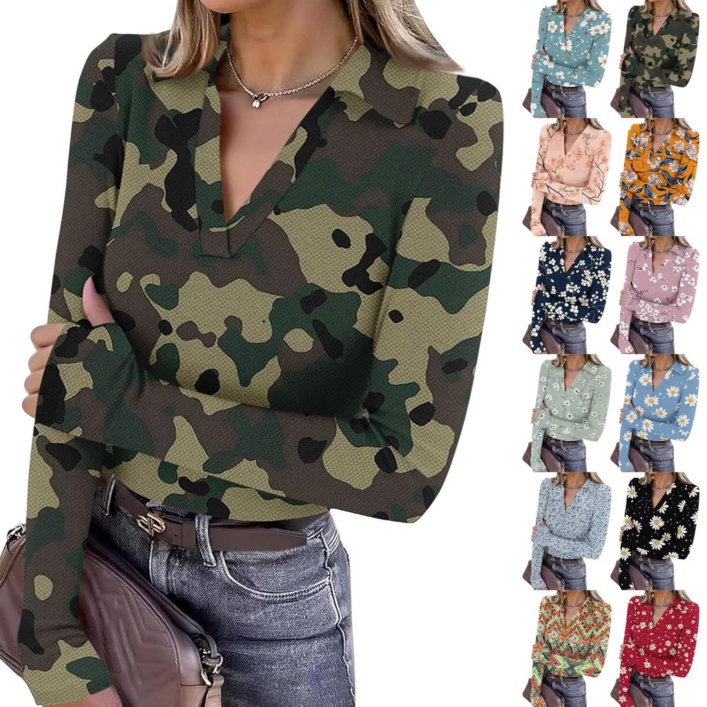 Women's Fashion Casual Print V-Neck Long Sleeve Button-Down Top