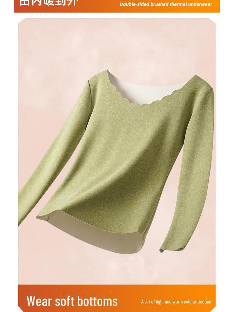 Женский двухсторонний бархатный термобелье - самонагревающийся, бесшовный топ с длинными рукавами и брюки для осени/зимы