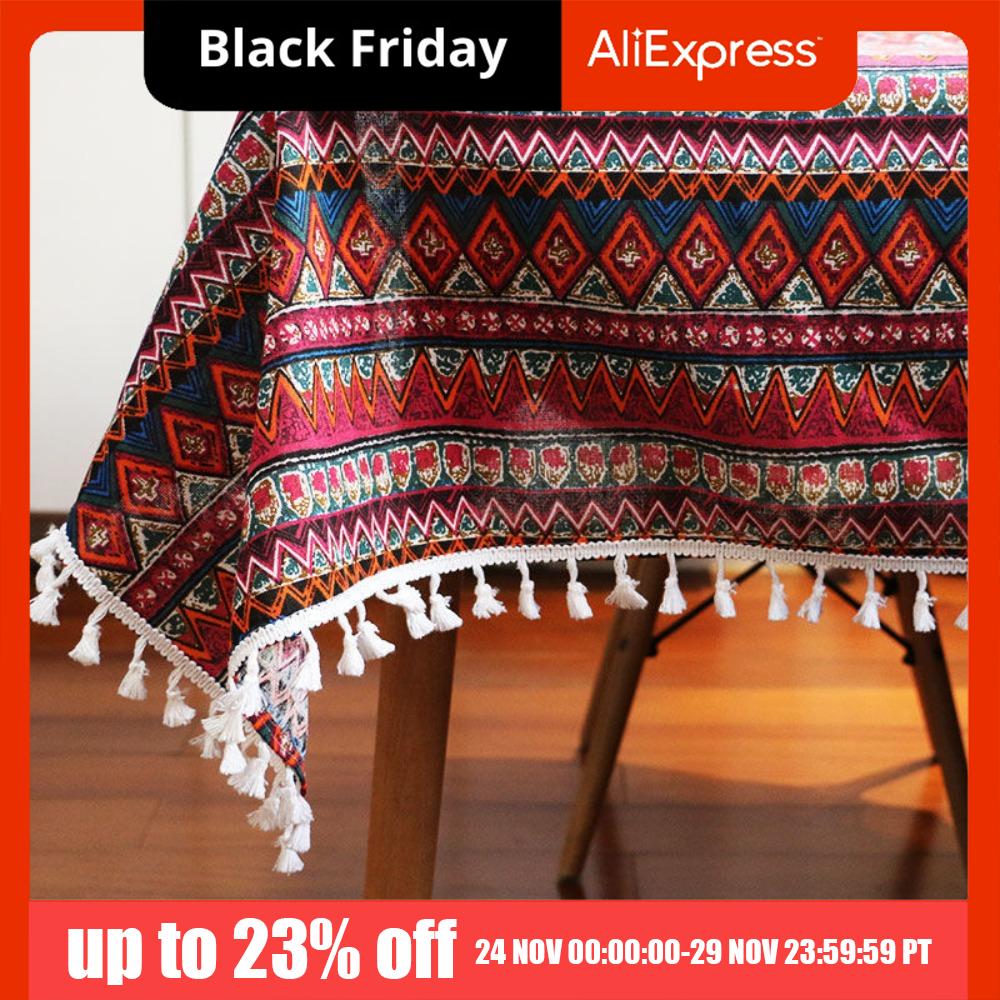 Nordic Style Ethnic Tablecloth with Tassel Heat-resistant Bohemian Tablecloth Stain-resistant Anti-slip Table Cover Living Room