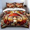 Vintage Fly Agaric Mushroom Bedding Set,Art Nouveau Autumn Forest Print Duvet Cover + 2 Pillowcases,Whimsical Retro Pattern