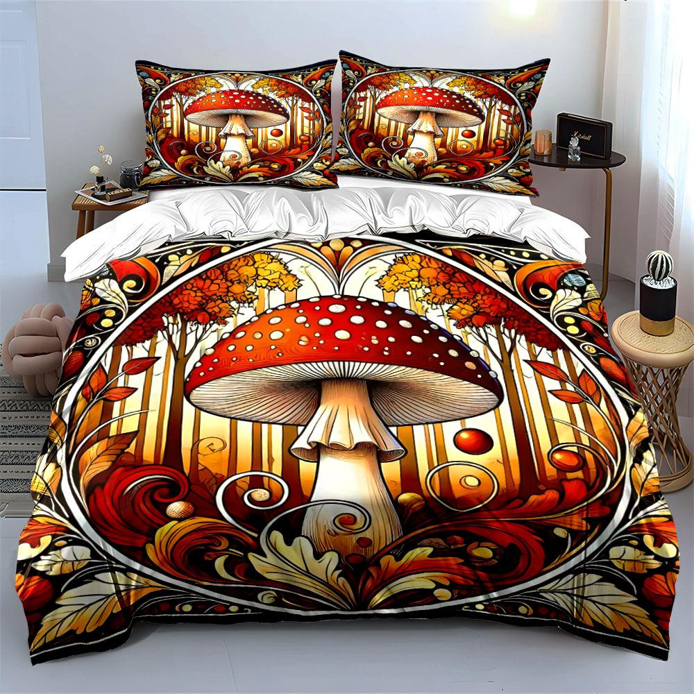 Vintage Fly Agaric Mushroom Bedding Set,Art Nouveau Autumn Forest Print Duvet Cover + 2 Pillowcases,Whimsical Retro Pattern