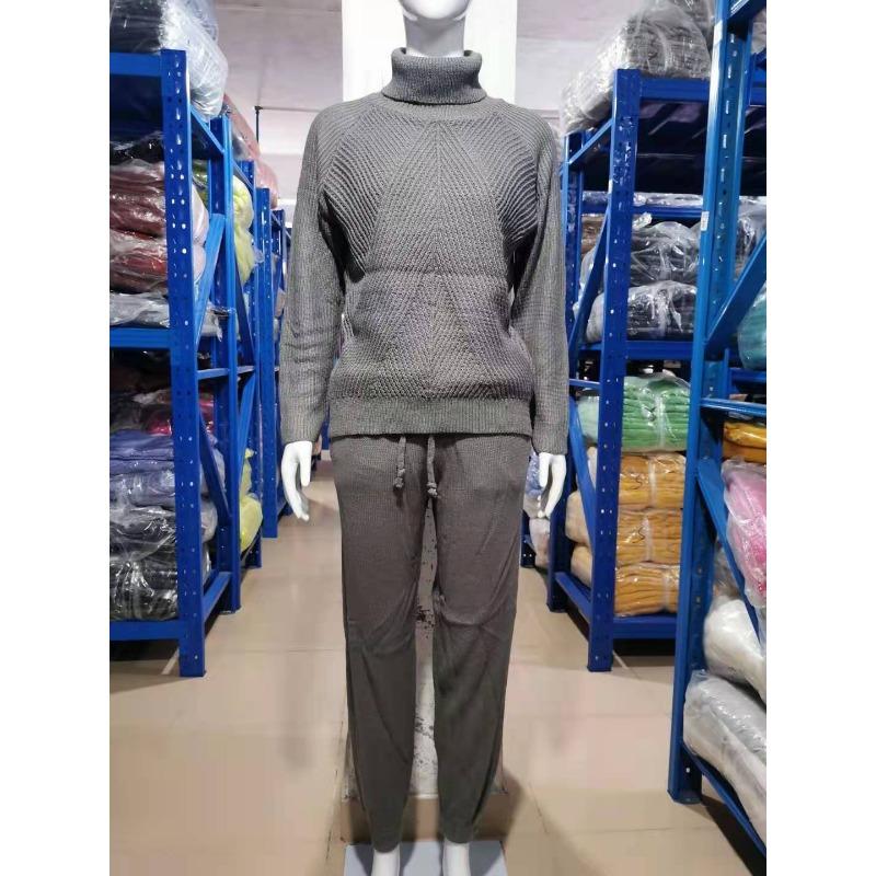 Women's Solid Color Sweater Set Fashion Casual Thread Turtleneck Pullovers Elastic Trousers Knitted Two Piece Sets Autumn Winter