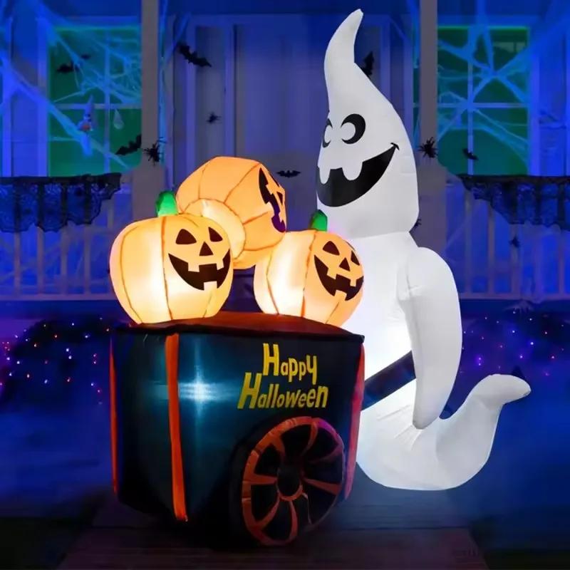 6FT Halloween Outdoor Inflatable Toys Ghost Push Pumpkin Cart with LED Lights Decoration Outdoor Holiday Party Inflatable Model