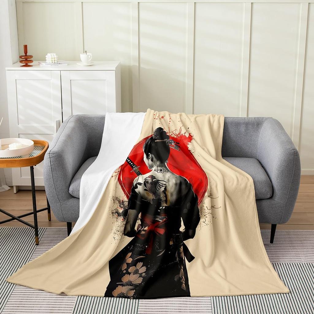 Feelyou Koi Fish Fleece Throw Blanket x Japanese Wave Cherry Blossoms Ocean Plaid Flannel Plush Fuzzy for Bed Couch Chair Living