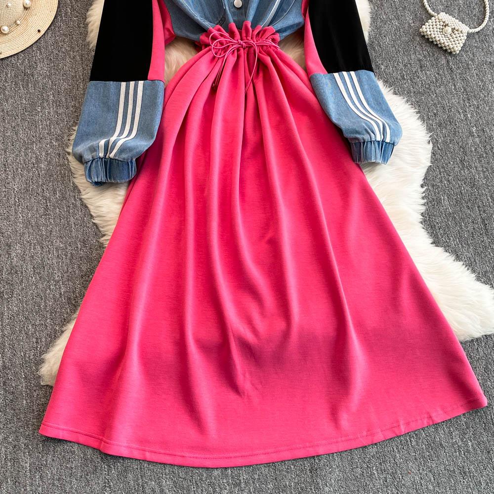 Новое контрастное джинсовое платье в стиле пэчворк с лацканами, женское дизайнерское платье Sense с завязками на талии, утягивающее длинное платье