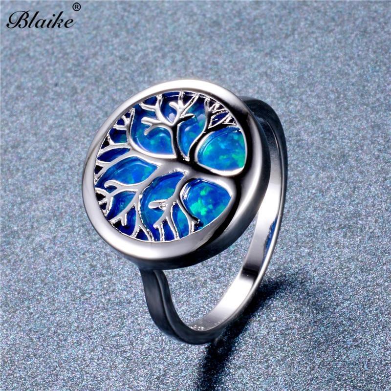 Кольца Blaike Vivid Life Tree с белым/голубым огненным опалом для женщин и мужчин, кольцо из стерлингового серебра 925 пробы, ювелирные украшения, радужный камень, подарки