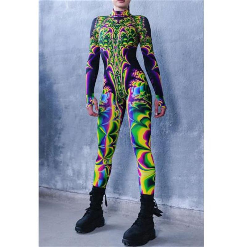 Женский красочный психоделический художественный принт комбинезон праздничный боди красочные вибрации комбинезон Хэллоуин Зентай костюм рейв костюмы