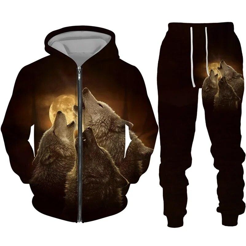 Красочный спортивный костюм с 3D принтом волка в стиле хип-хоп, уличная одежда, толстовки на молнии, костюм для мужчин, женщин, детей, повседневная толстовка с капюшоном, брюки, комплект для бега