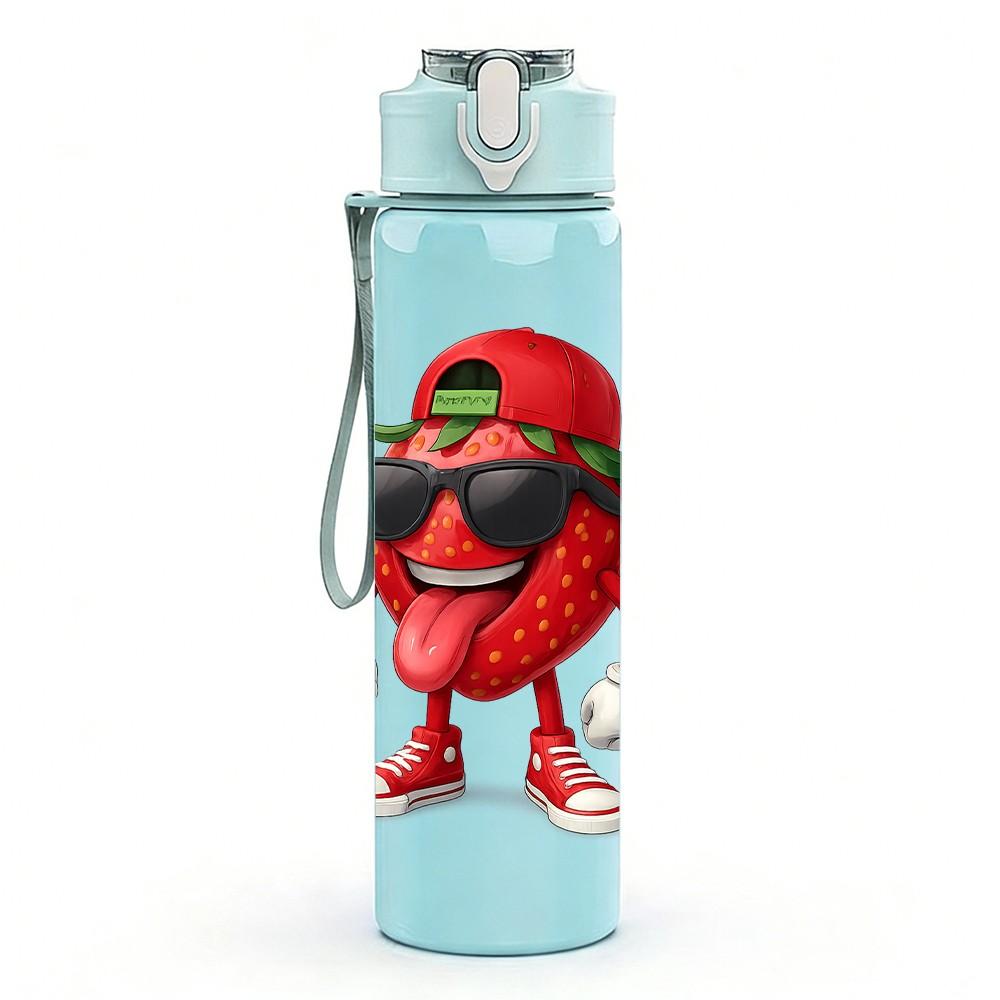 1PC Cool Strawberry Character Cartoon 750ml Color Plastic Sports Water Bottle Leakproof Flip Straw Lid Suitable for Sports Office Home Use