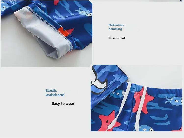 Комплект детского синего купальника с мультяшным акуленком, защитой от УФ-лучей и шапочкой для плавания