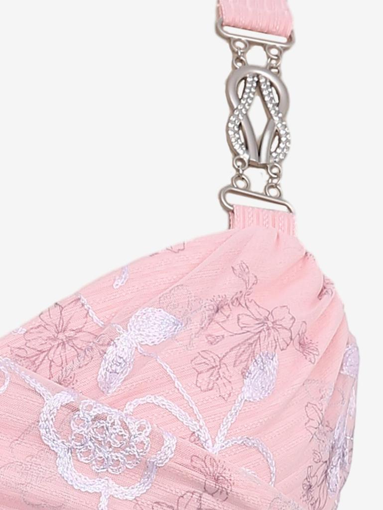 Rosegal Plus Size Цветочный принт Вышивка Сетка Рюшами Цепи Сюрплисс Ребристый Текстурированный Топ