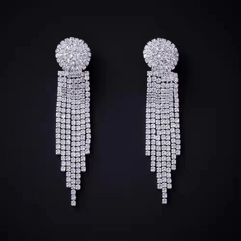 European & American Full Diamond Tassel Earrings: Elegant Slimming Bridal Jewelry