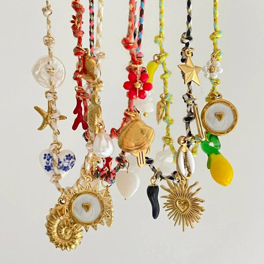 Pearl Accent DIY Knotting Rope Chain Copper Gold-Plated Necklace Turtle Pendant Necklace  Summer