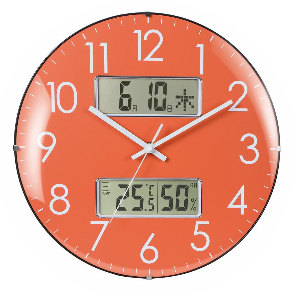 Nbdeal Wall Clock Temperature Humidity Date Day of the Week Display Continuous Second Hand Quiet Diameter 33.5cm Analog Spherical Glass SY-8791 Orange