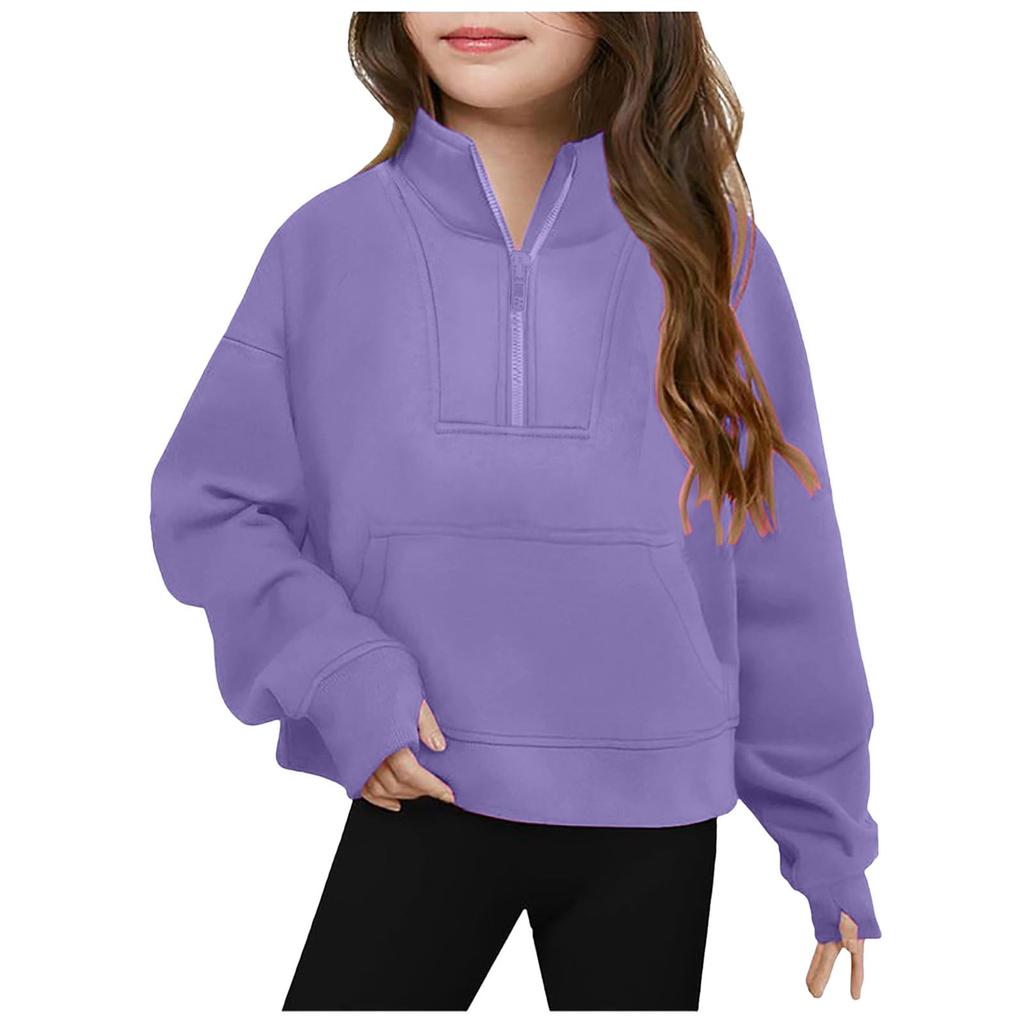 Children's Half-Zip Fleece Pullover Sweatshirt For Girls - Solid Color Hoodie