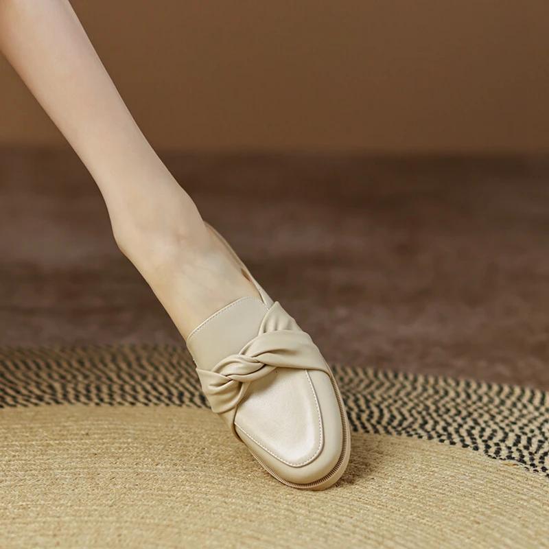 Fashion NEW Summer Women Mules Split Leather Shoes for Women Round Toe Low Heel Shoes Cover Toe Slingback Women Sandals Knot Slippers