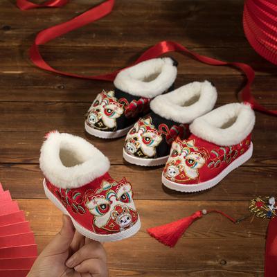 Зимние бархатные туфли с вышивкой для девочек, низкие хлопковые туфли с изображением льва и кролика, теплые туфли ханьфу, зимние сапоги для девочек, большие хлопковые сапоги