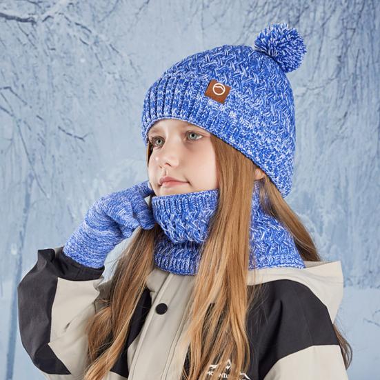 Kids Winter Hat Gloves Scarf Set Cold Weather Knitted Bear Hat with Pom Fleece Lined Neck Warmer Mitten Set for Girls Boys Ages 4-10