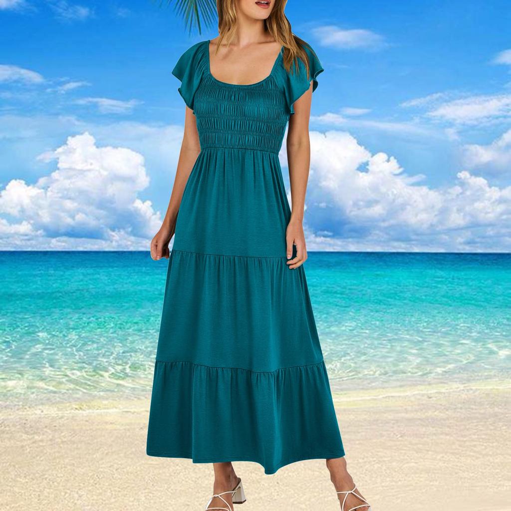 Women's Summer Casual Short Sleeve Square Neck Smocked Elastic Waist Tiered A Line Maxi Dress With Pockets