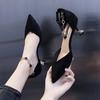 Autumn Women's Shoes New One-word Buckle High Heels Thin Heel Versatile Pointed Head Shallow Mouth Single Shoes Fairy Fairy Wind Middle Heel