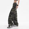 Women Cargo Pants Camouflage Print Multi Pockets Lace-Up Detail Long Pants Straight Wide Leg High Street Pants