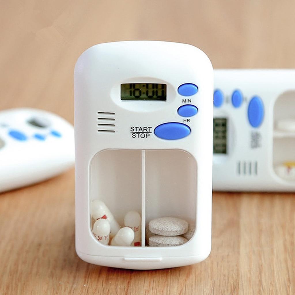 Portable Mini Pill Box Timer with LCD Digital Electric Alarm Medicine Pill Case 2 Grids White Color Two Drawers Divided