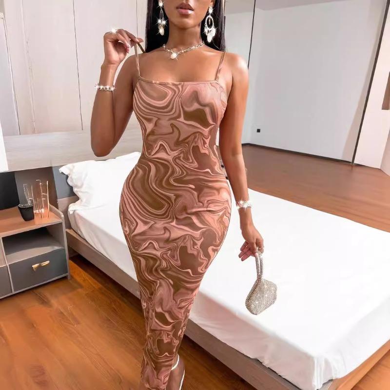 Women's Fashion Print Slit Tight Halter Halter Long Dress