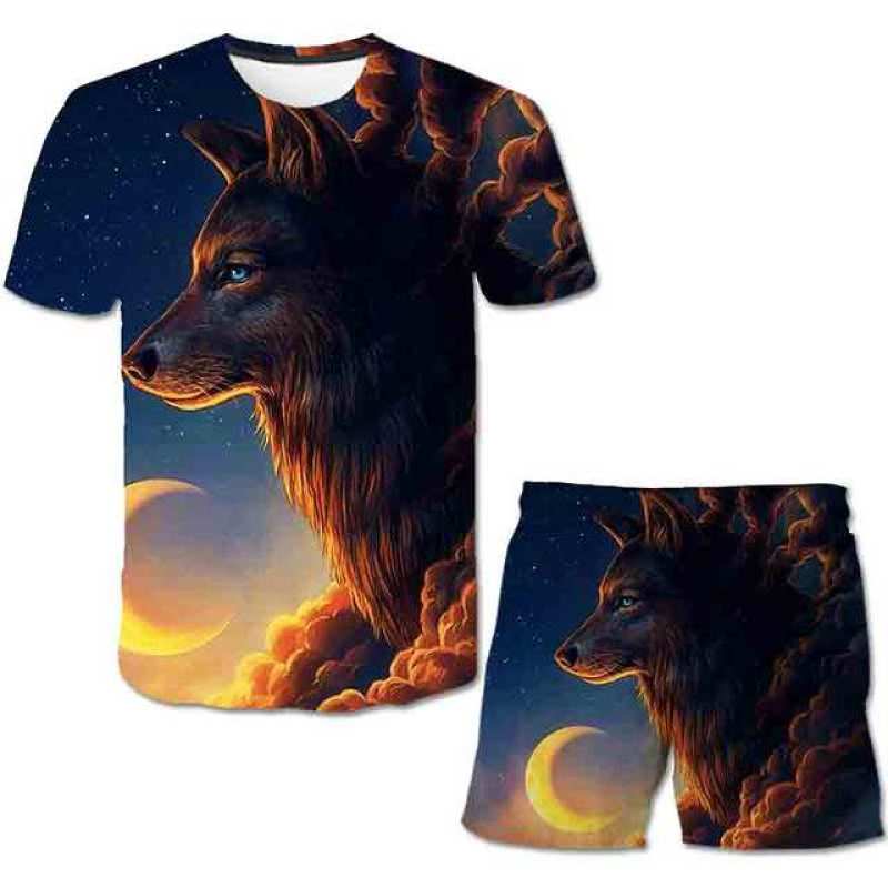 Летние детские футболки с волком, шорты, костюмы, топы с короткими рукавами с героями мультфильмов для мальчиков и девочек + брюки с эластичной резинкой на талии, комплект одежды из 2 предметов