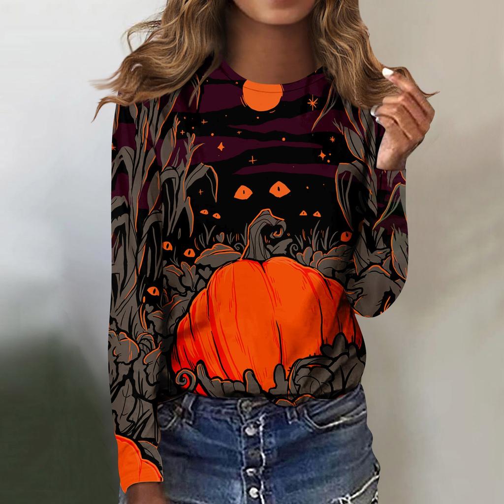 Женская мода повседневная блузка с длинным рукавом и принтом на Хэллоуин с круглым вырезом